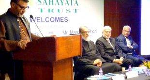 INSA President Azhar Azeez addressing the Annual Meet of Sahayata Trust in Hyderabad. IMRC Executive Director and Chairman of Sahayata Trust Mr. Manzoor Ghori, Sahayata Trust CEO Syed Aneesuddin, Islamic Scholar Yawar Baig are also seen.