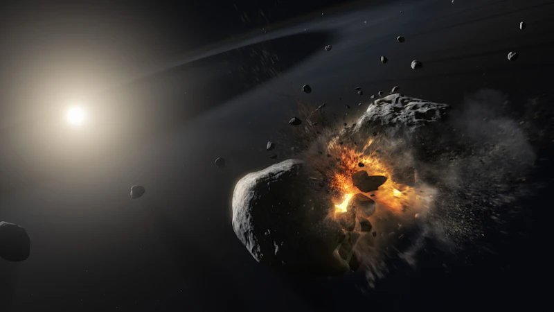 Artist’s illustration of rocky bodies colliding in space, representing the science of asteroid impacts