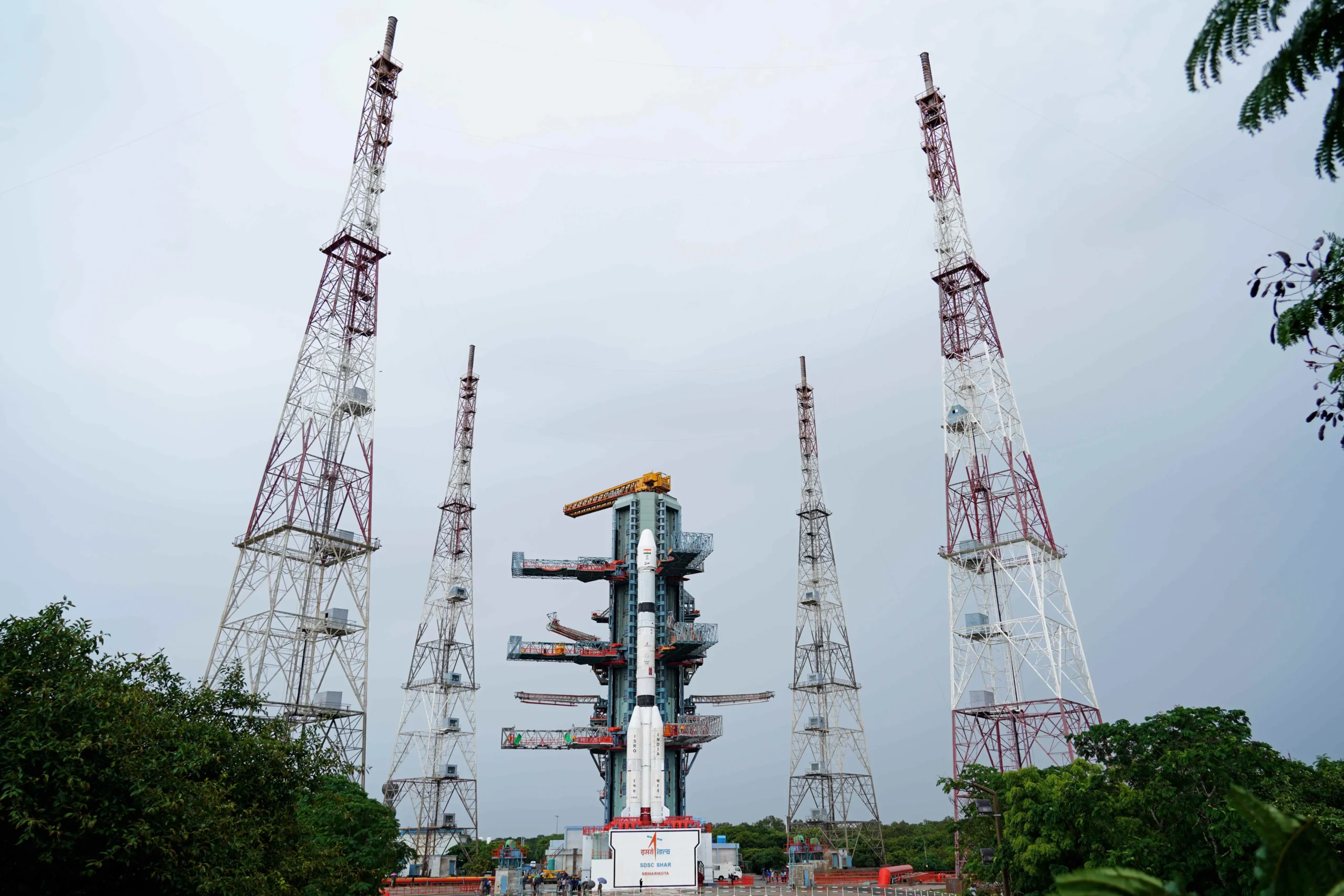 GSLV-F18 rocket carrying the NVS-03 navigation satellite on the launch pad at Sriharikota.