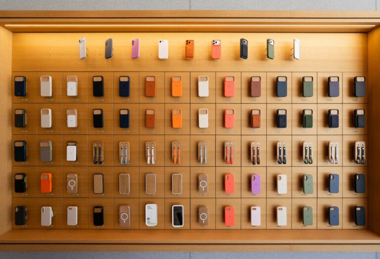 Smartphones and electronic devices displayed on a retail shelf, illustrating India's changing smartphone market