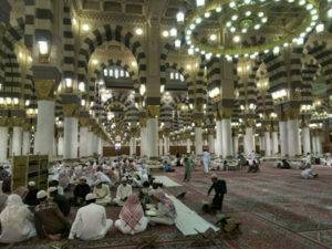 A religious class going on inside the Masjid e Nabawwi in Madina
