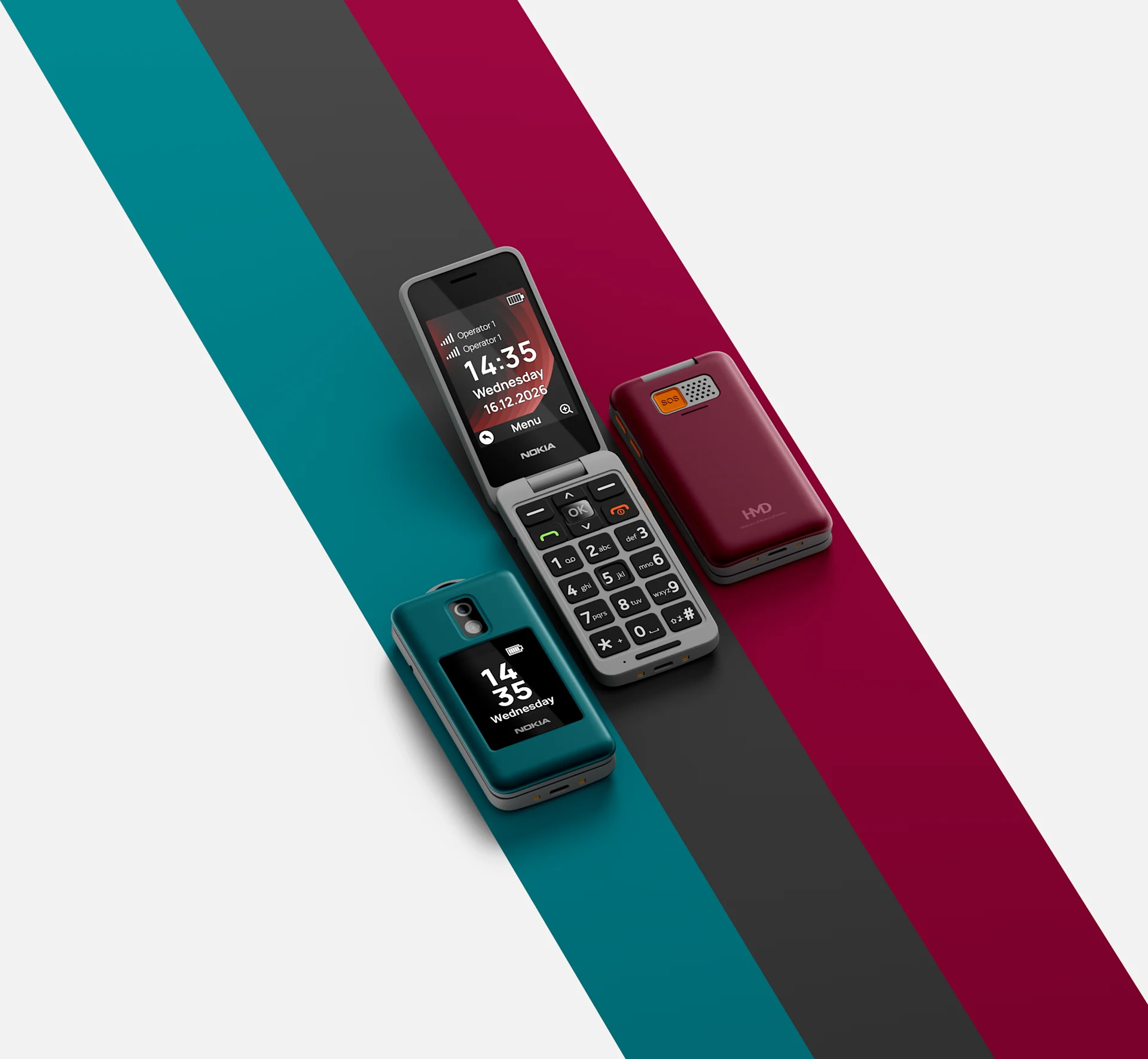 Nokia 2360 Flip in teal, dark grey and burgundy, showing its keypad, external display and SOS button