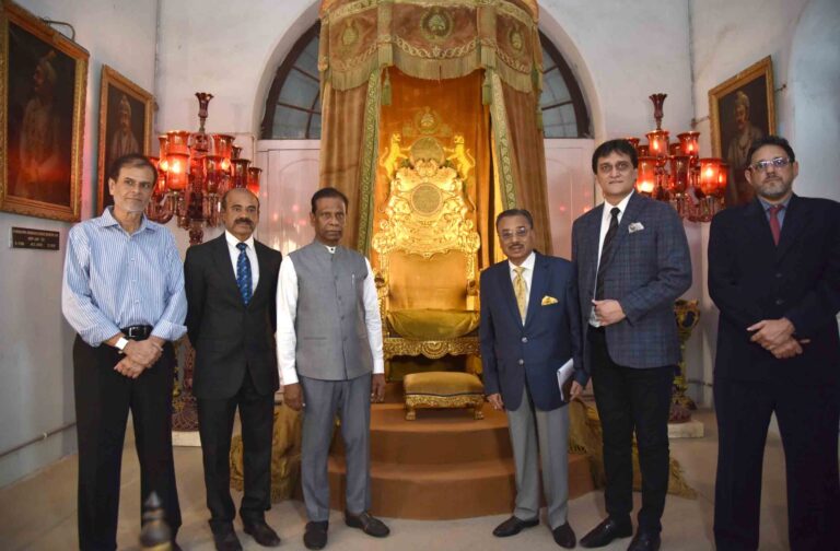 Minority Affairs Advisor to the Government of Telangana Mr A K Khan inspects the Throne of Nawab Mir Osman Ali Khan, the seventh Nizam of Hyderabad, after inaugurating the restored part of the Museum on the occasion of the 90th birth anniversary of the Late H.E.H. Mukarram Jah Bahadur, the VIIIth Nizam of Hyderabad as Mukarram Jah School, Purani Haveli celebrated the Founders Day. The throne was specially built for the Silver Jubilee of his coronation ceremony.