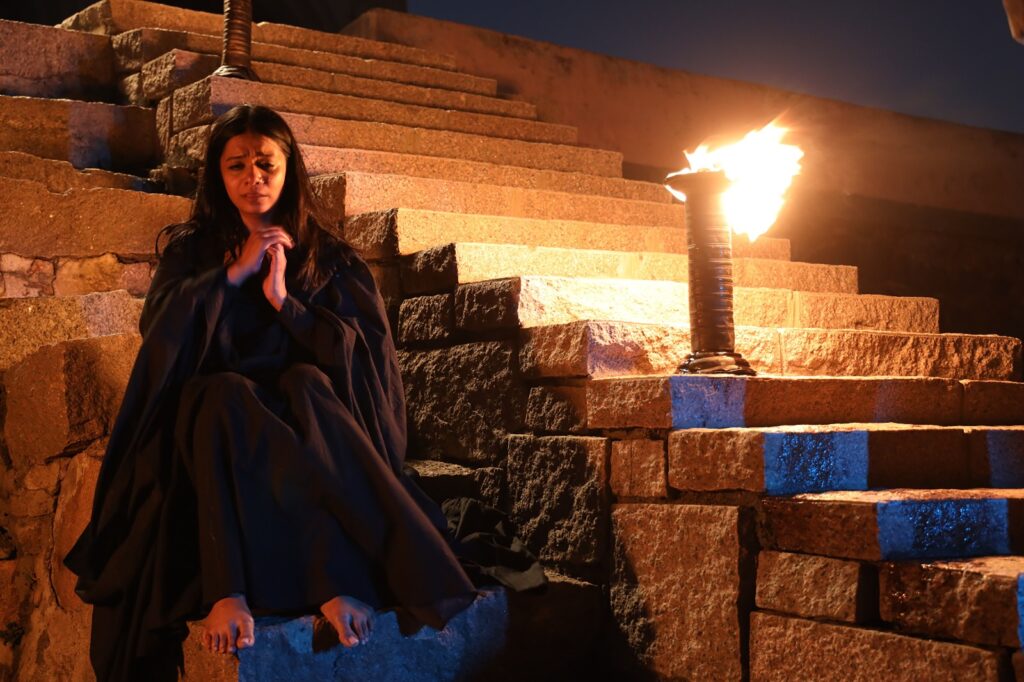 Chand Tara movie cast sits across the stairs at Taramati Baradari