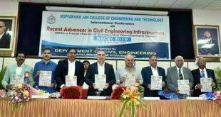 CG Turkey Dr Adnan Altay Altinors, Hyderabad Metro Rail Project Director M P Naidu, SUES Secretary Mr. Zafar Javeed, MJCET Advisor-Director Dr Basheer Ahmed, Convenor and Head of the Department Mohammed Hamraj, SUES Treasurer Dr. Mir Akbar Ali Khan and others release the souvenir during the international conference on "Recent Advancements in Civil Engineering Infrastructure RACEI 2019" at Muffakham Jah College of Engineering and Technology (MJCET), Banjara Hills in Hyderabad on Monday.