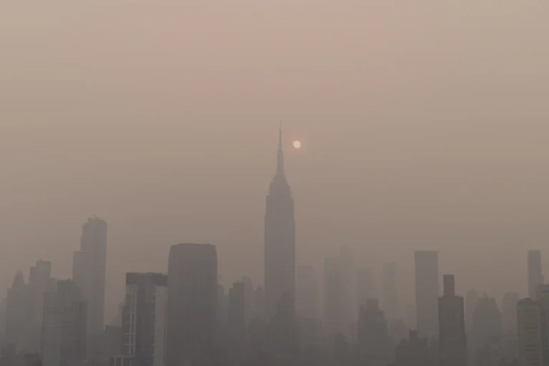 A hazy city skyline illustrating how airborne pollution can reduce visibility and affect air quality