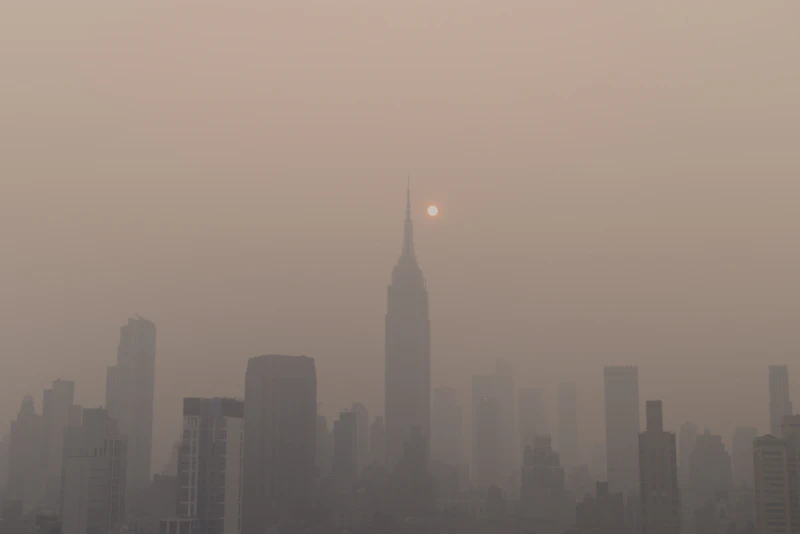 A hazy city skyline illustrating how airborne pollution can reduce visibility and affect air quality